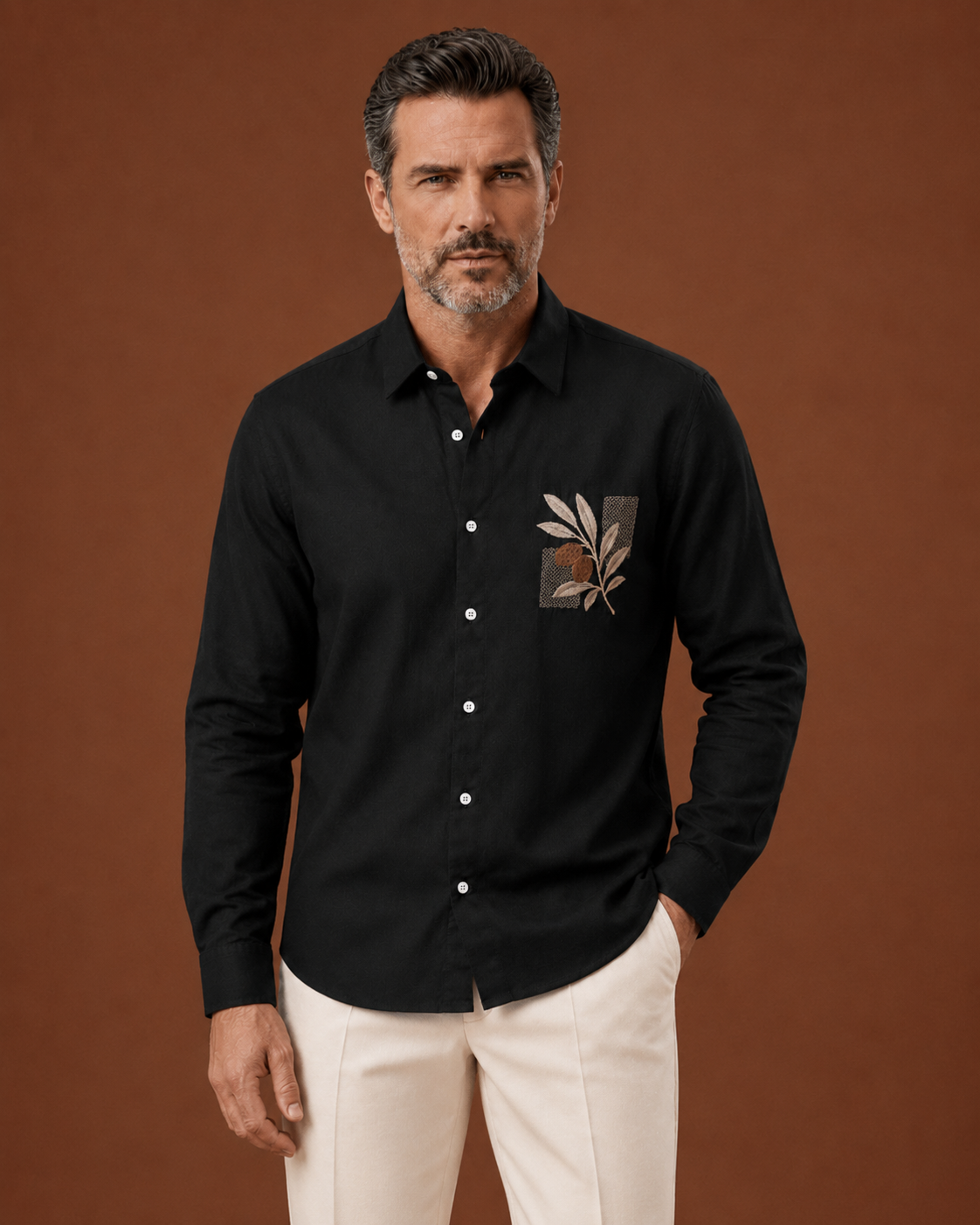 Men Black Botanical Embroidered Pure Linen Shirt