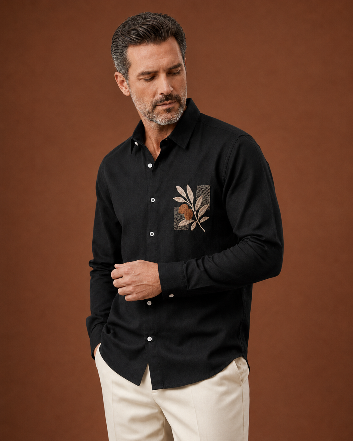 Men Black Botanical Embroidered Pure Linen Shirt