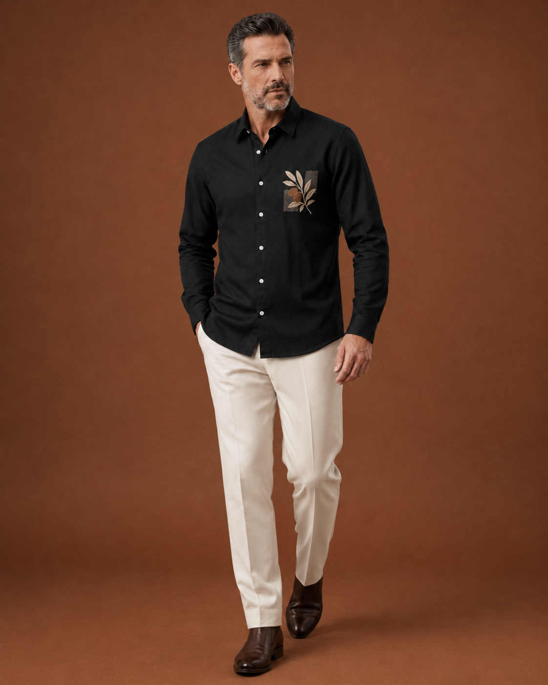 Men Black Botanical Embroidered Pure Linen Shirt