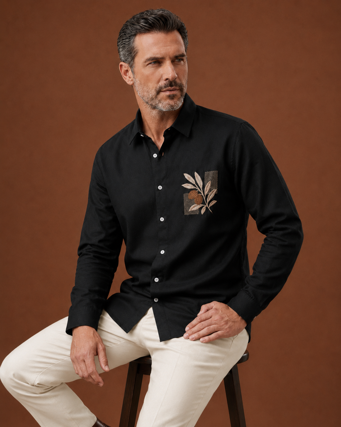 Men Black Botanical Embroidered Pure Linen Shirt