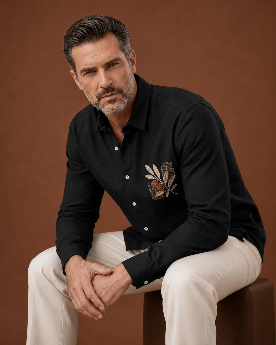 Men Black Botanical Embroidered Pure Linen Shirt
