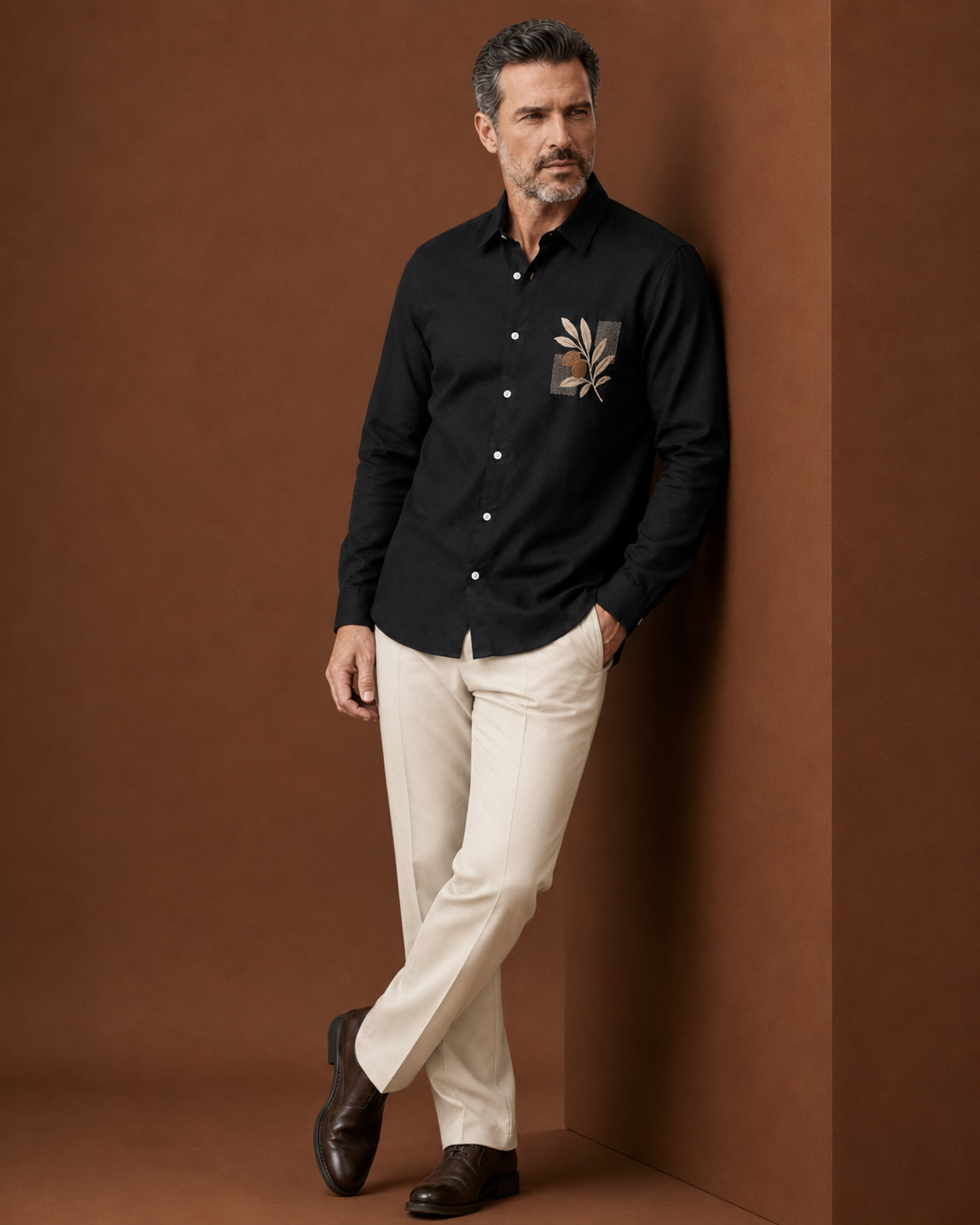 Men Black Botanical Embroidered Pure Linen Shirt