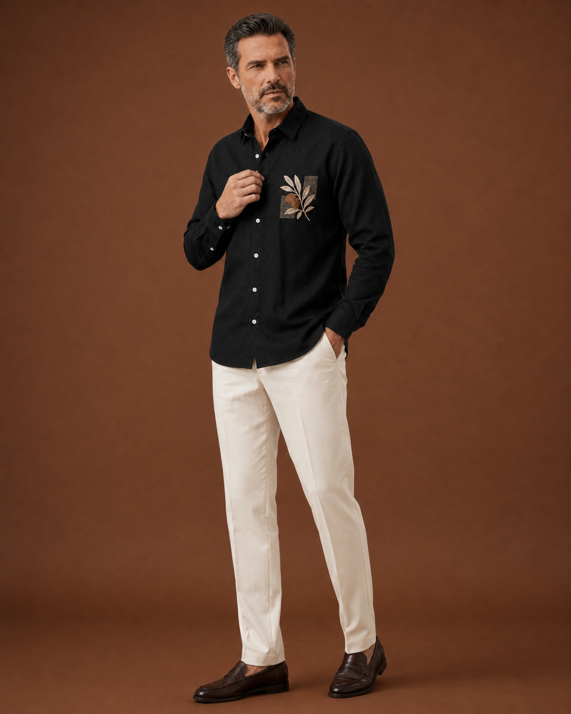 Men Black Botanical Embroidered Pure Linen Shirt