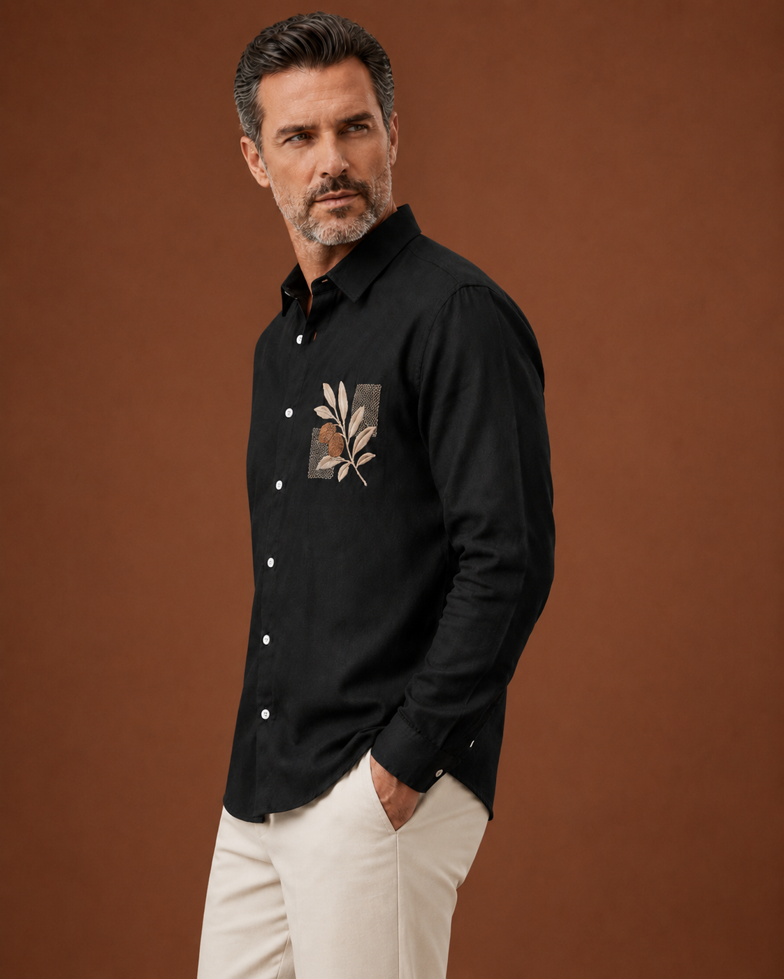 Men Black Botanical Embroidered Pure Linen Shirt