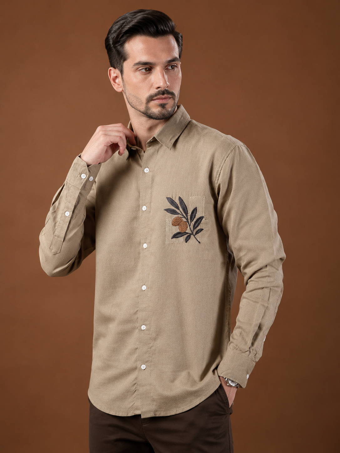 Men Pastel Beige Botanical Embroidered Pure Linen Shirt
