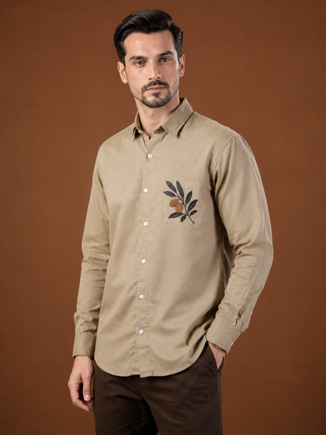 Men Pastel Beige Botanical Embroidered Pure Linen Shirt