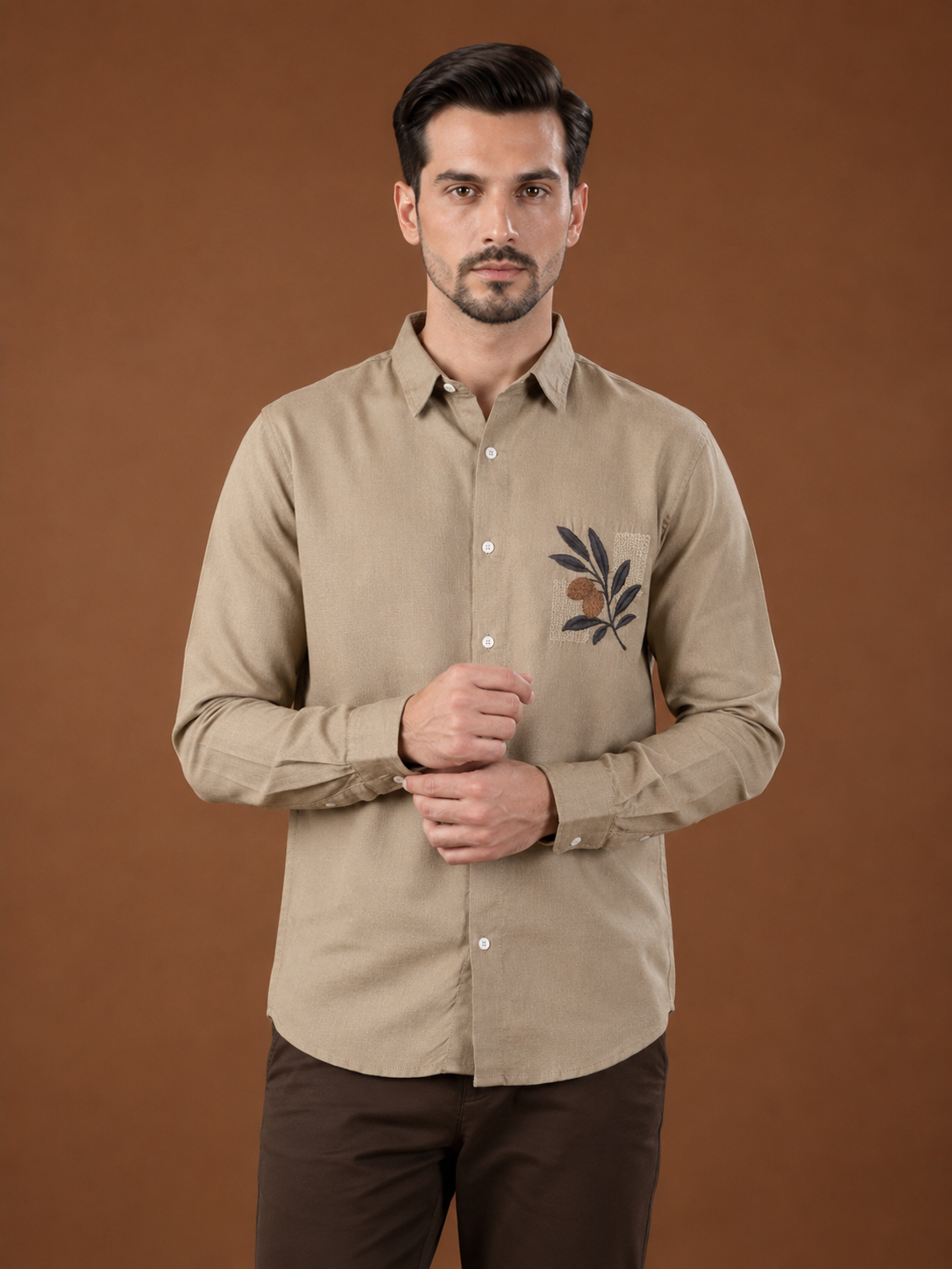 Men Pastel Beige Botanical Embroidered Pure Linen Shirt