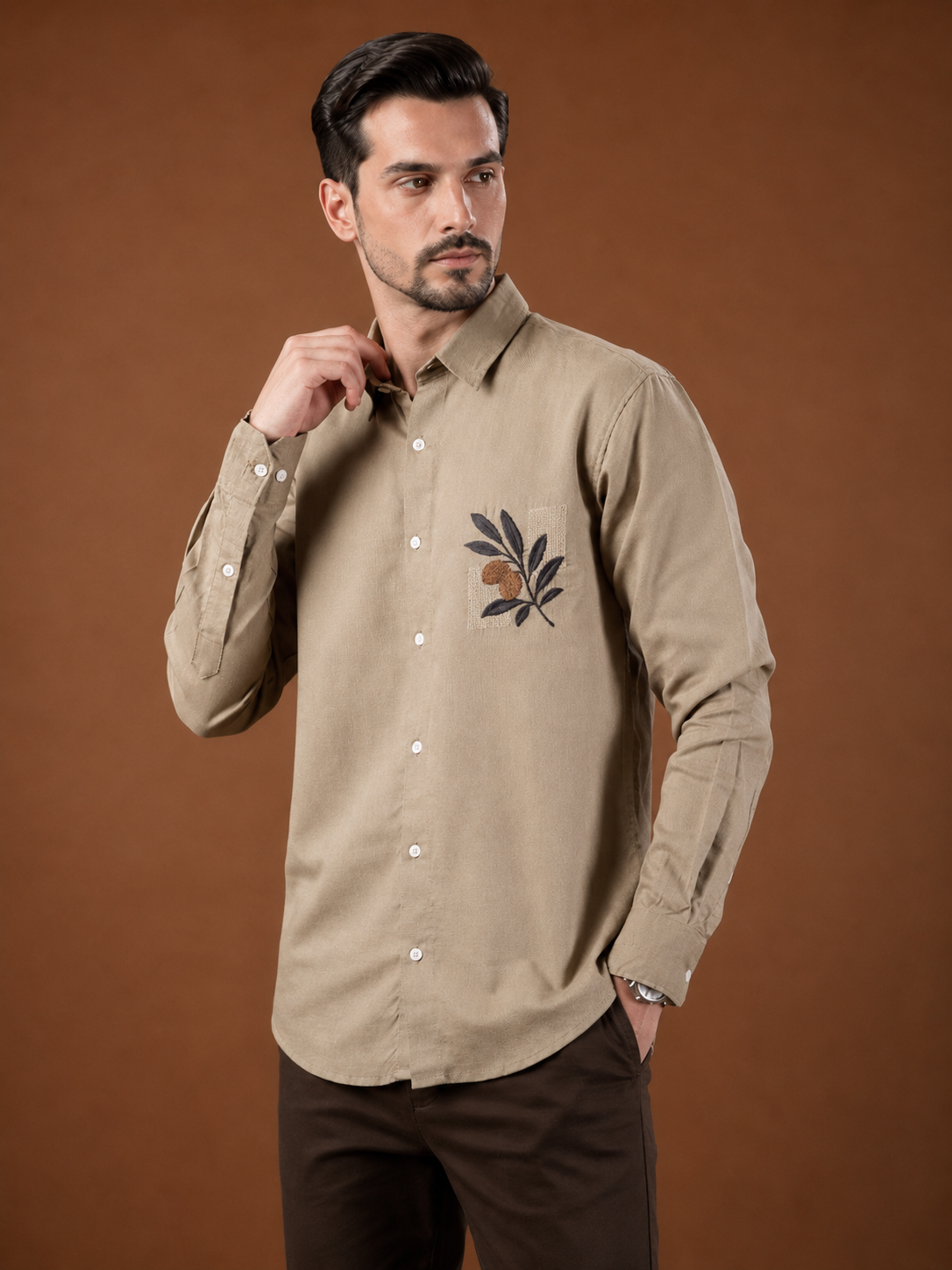 Men Pastel Beige Botanical Embroidered Pure Linen Shirt