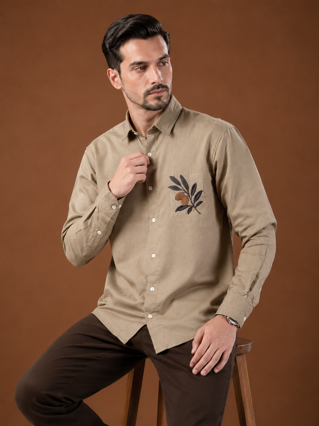 Men Pastel Beige Botanical Embroidered Pure Linen Shirt