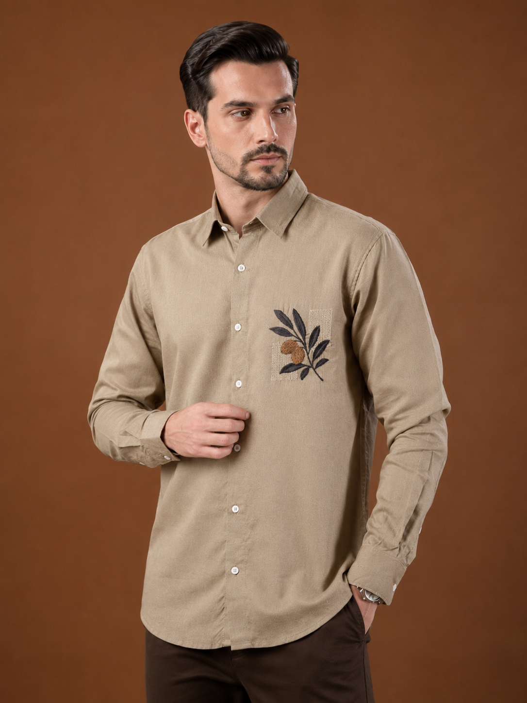Men Pastel Beige Botanical Embroidered Pure Linen Shirt