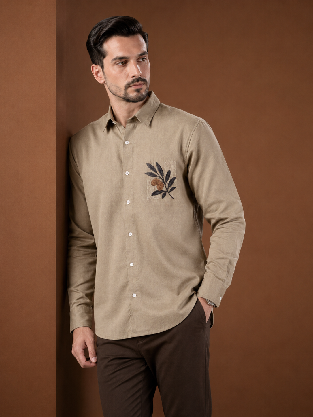 Men Pastel Beige Botanical Embroidered Pure Linen Shirt