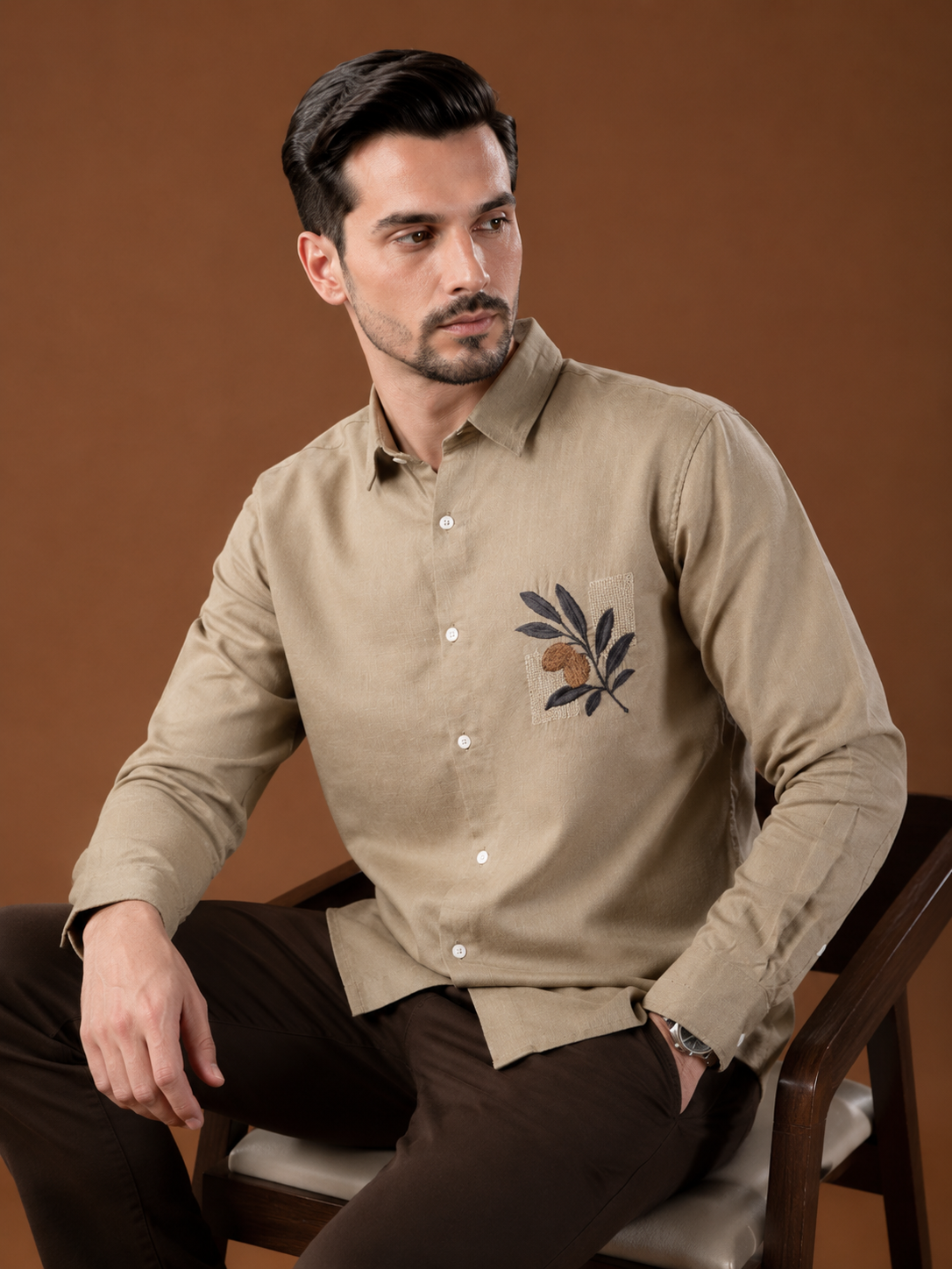 Men Pastel Beige Botanical Embroidered Pure Linen Shirt