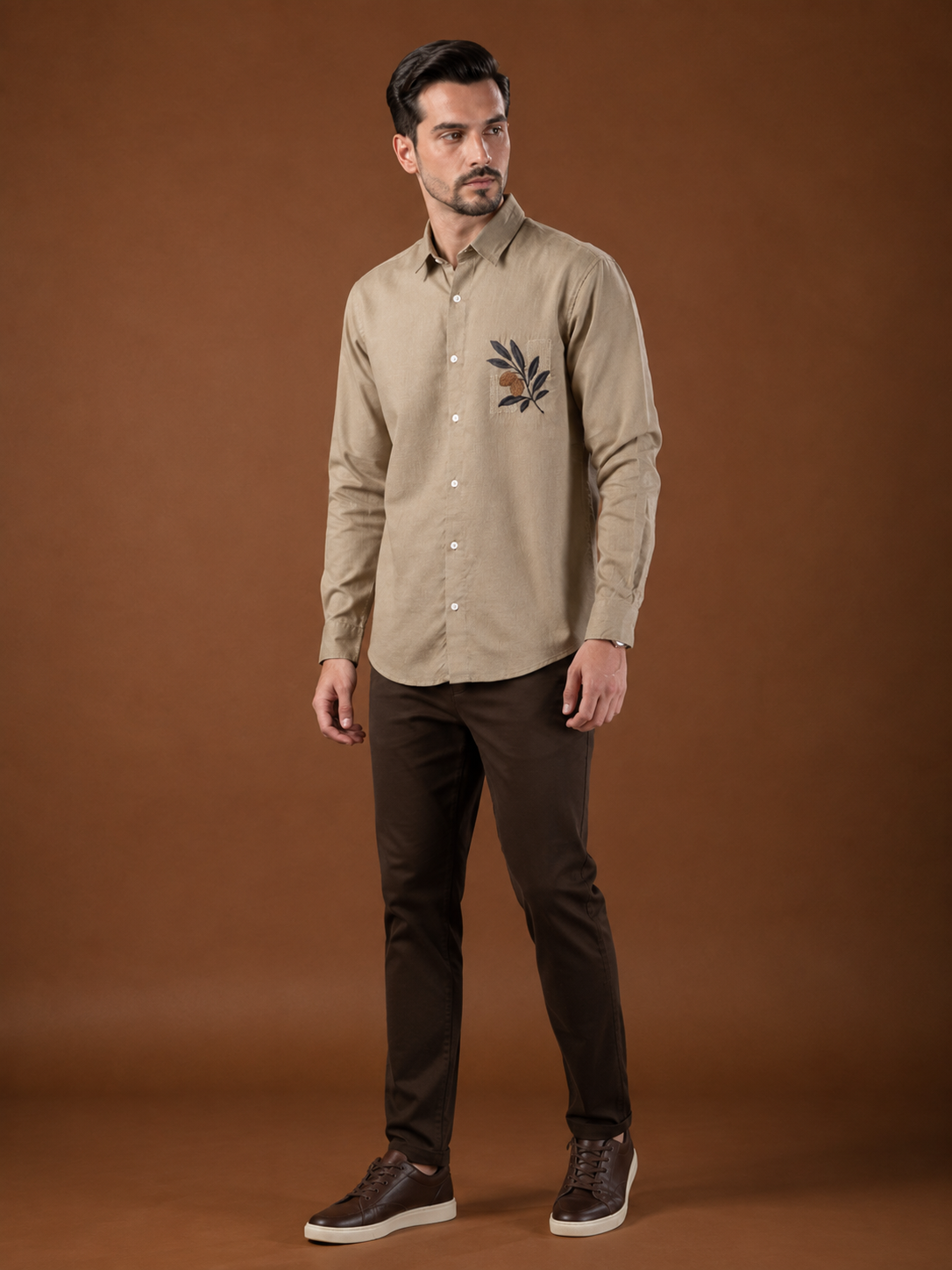 Men Pastel Beige Botanical Embroidered Pure Linen Shirt