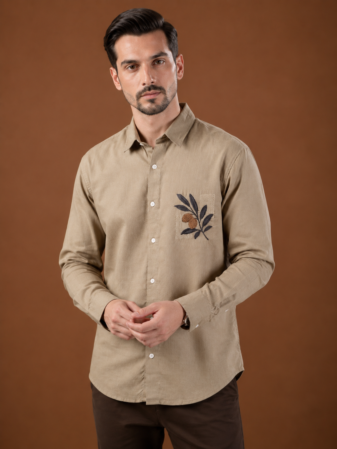 Men Pastel Beige Botanical Embroidered Pure Linen Shirt