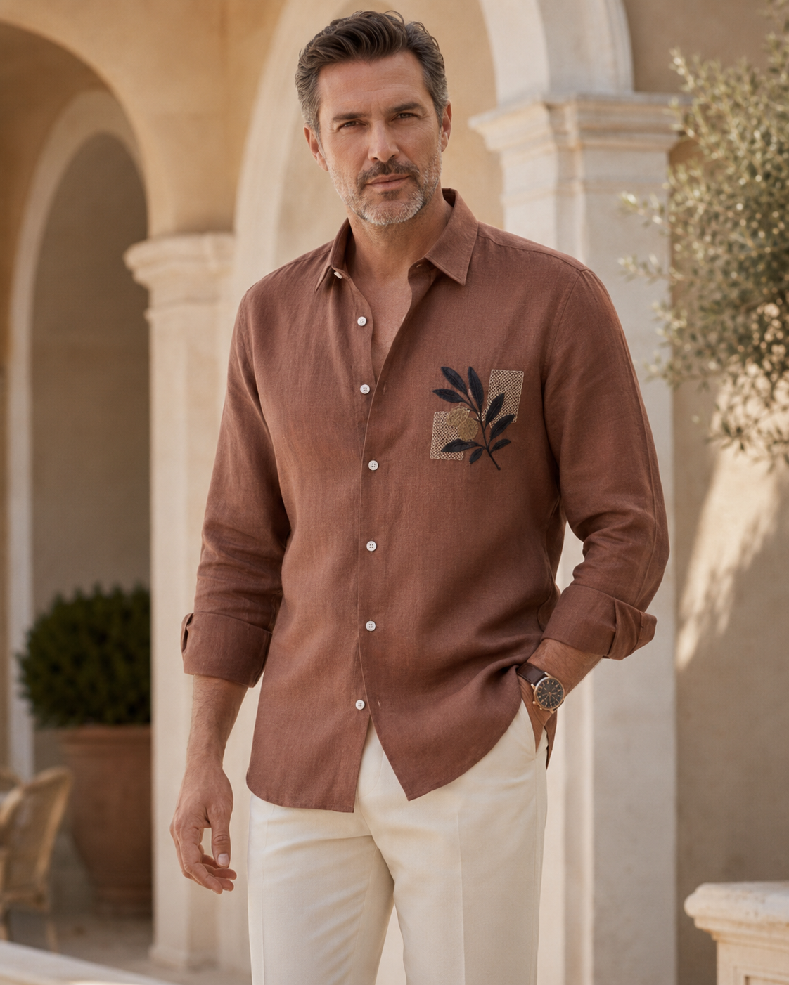 Men Rust Brown Botanical Embroidered Pure Linen Shirt