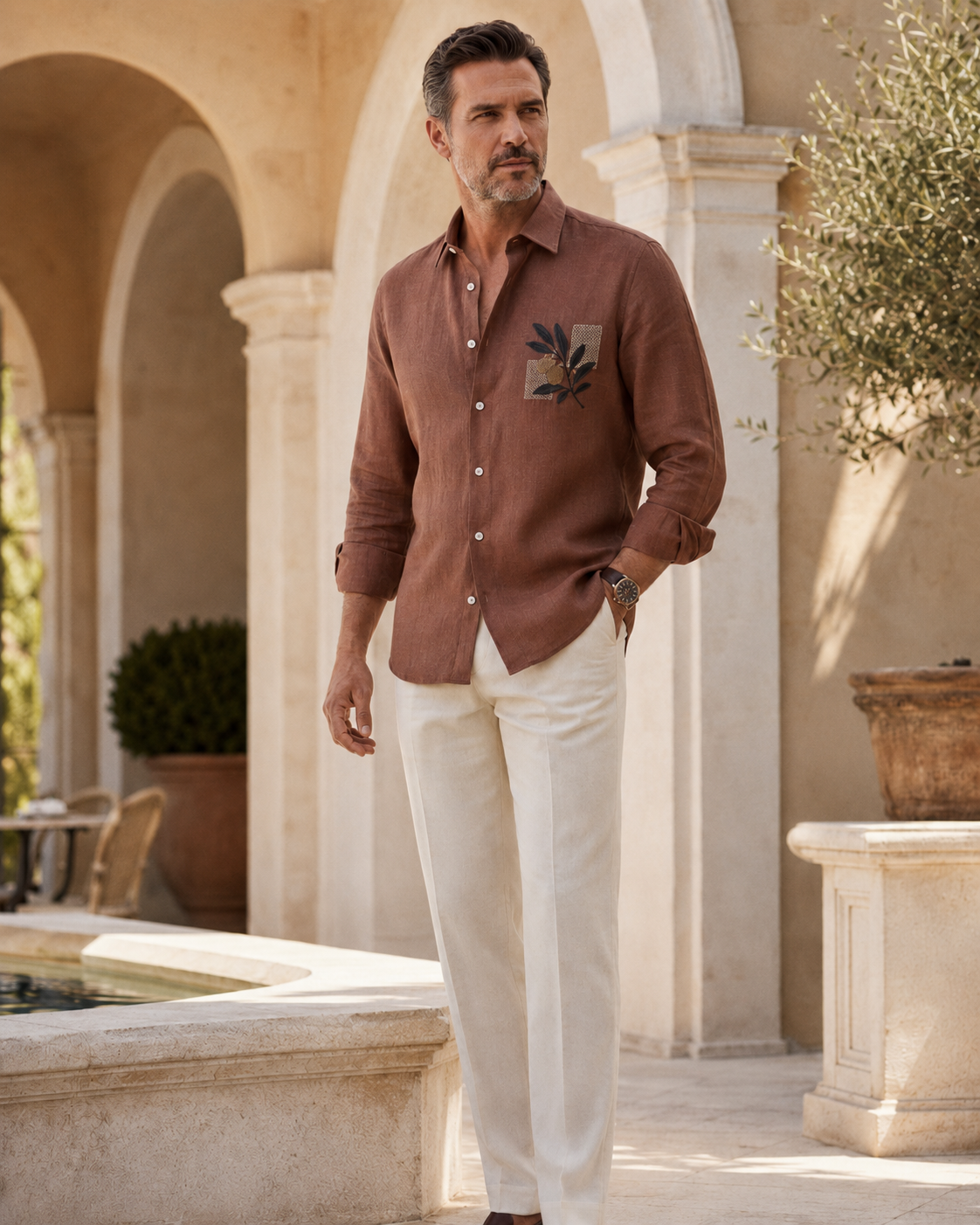 Men Rust Brown Botanical Embroidered Pure Linen Shirt