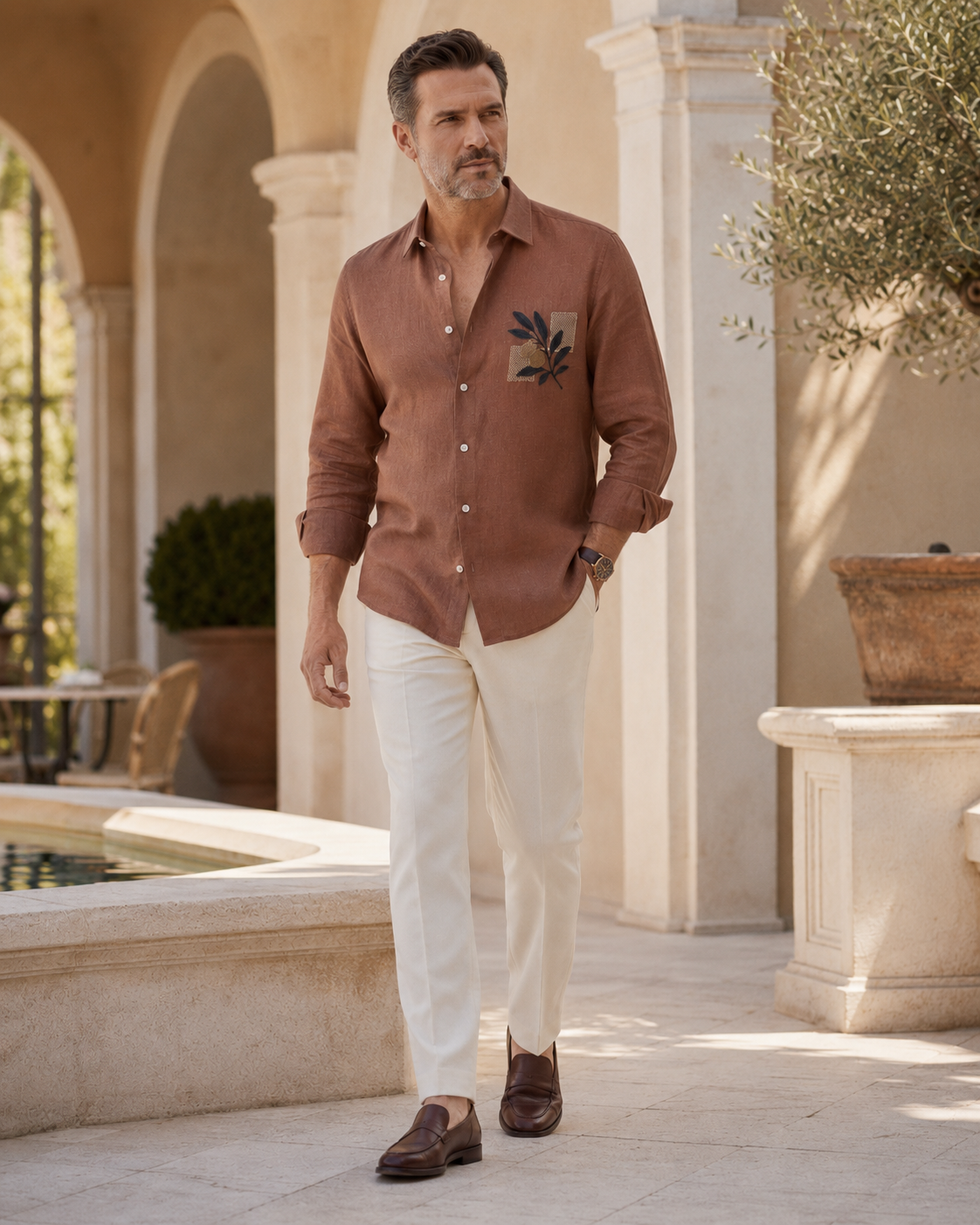 Men Rust Brown Botanical Embroidered Pure Linen Shirt