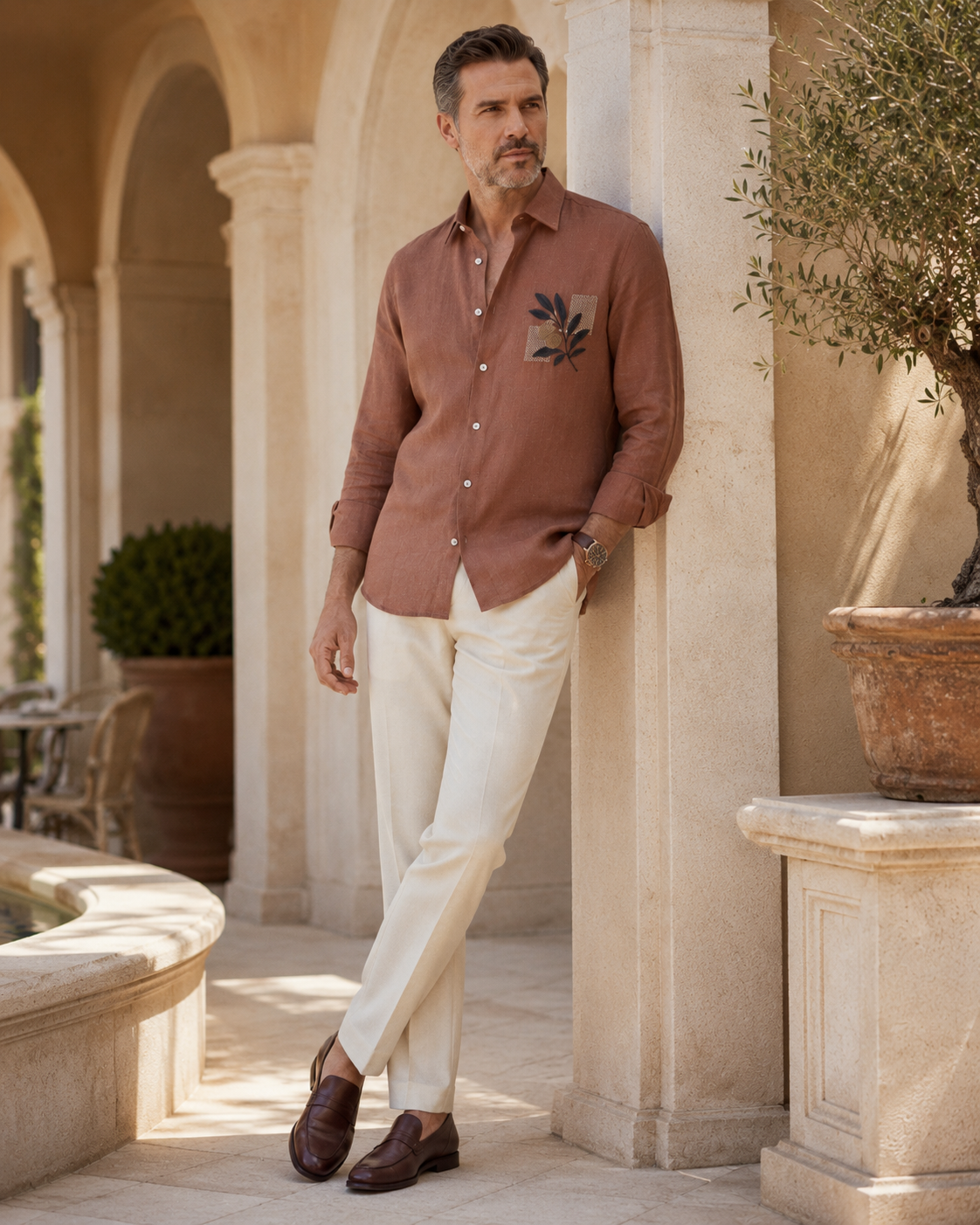 Men Rust Brown Botanical Embroidered Pure Linen Shirt