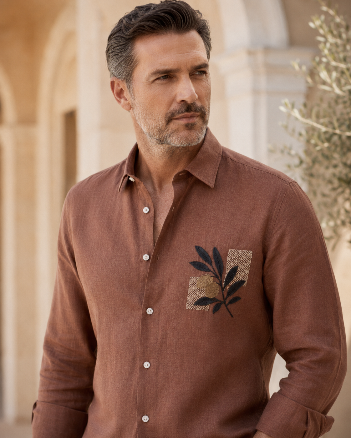 Men Rust Brown Botanical Embroidered Pure Linen Shirt