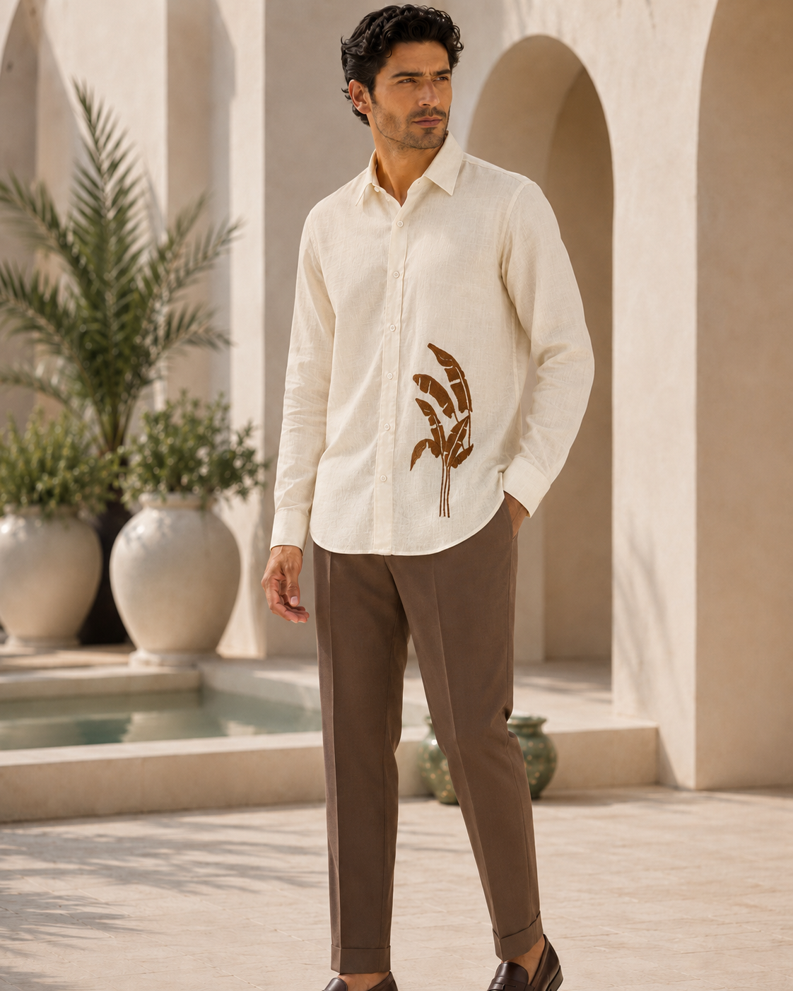 Men Cream Botanical Leaf Print Pure Linen Shirt