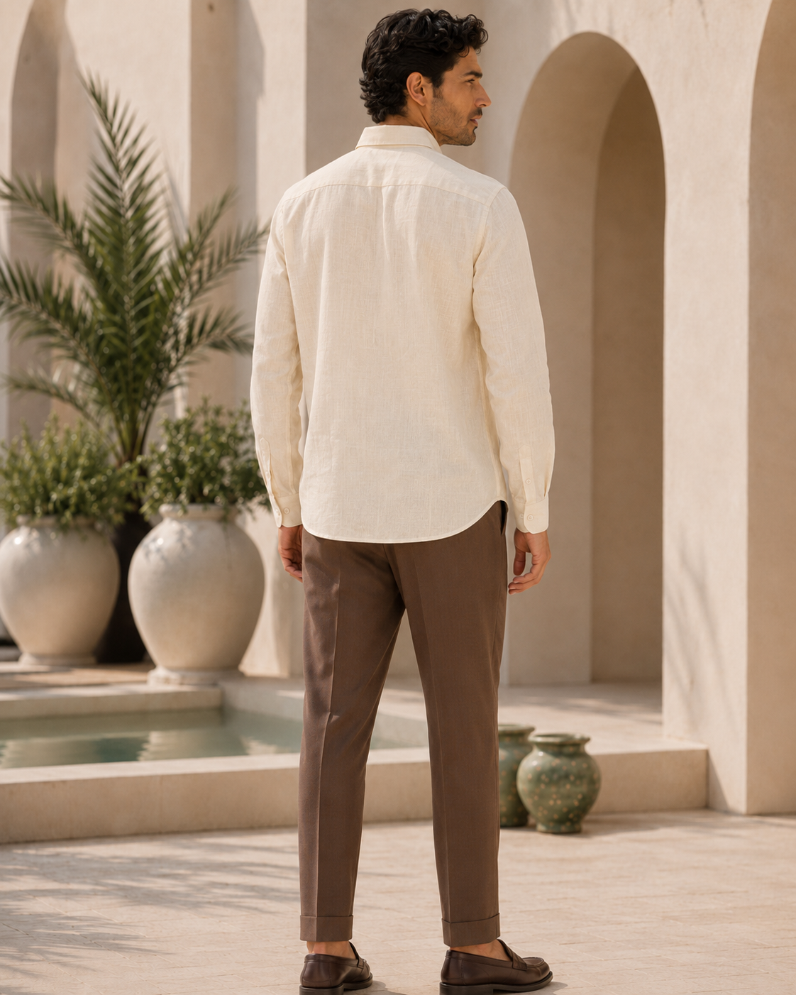 Men Cream Botanical Leaf Print Pure Linen Shirt
