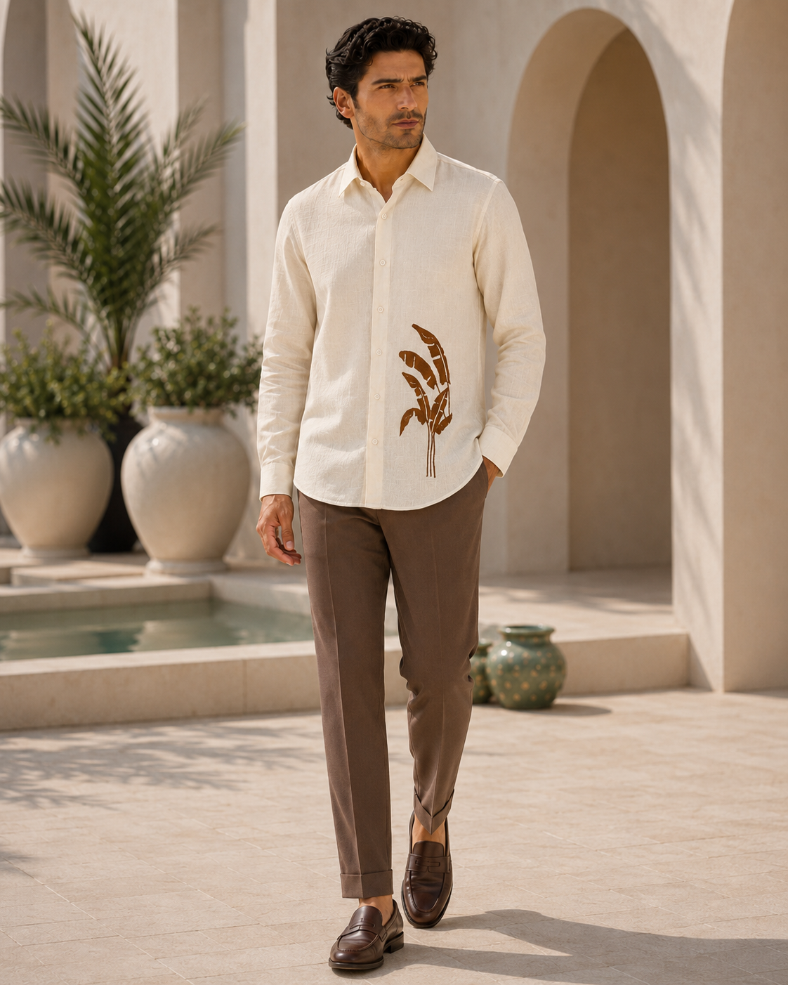 Men Cream Botanical Leaf Print Pure Linen Shirt
