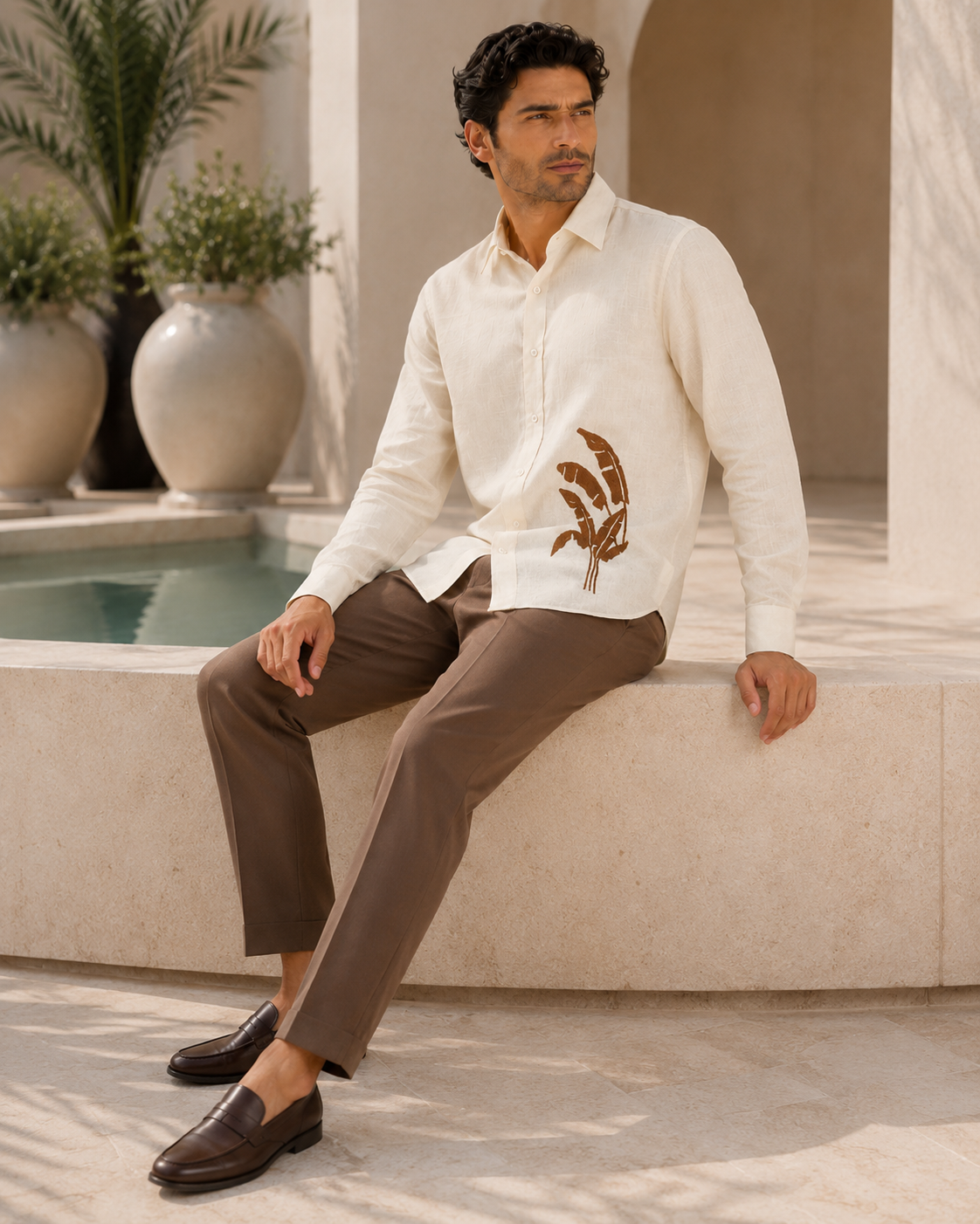 Men Cream Botanical Leaf Print Pure Linen Shirt