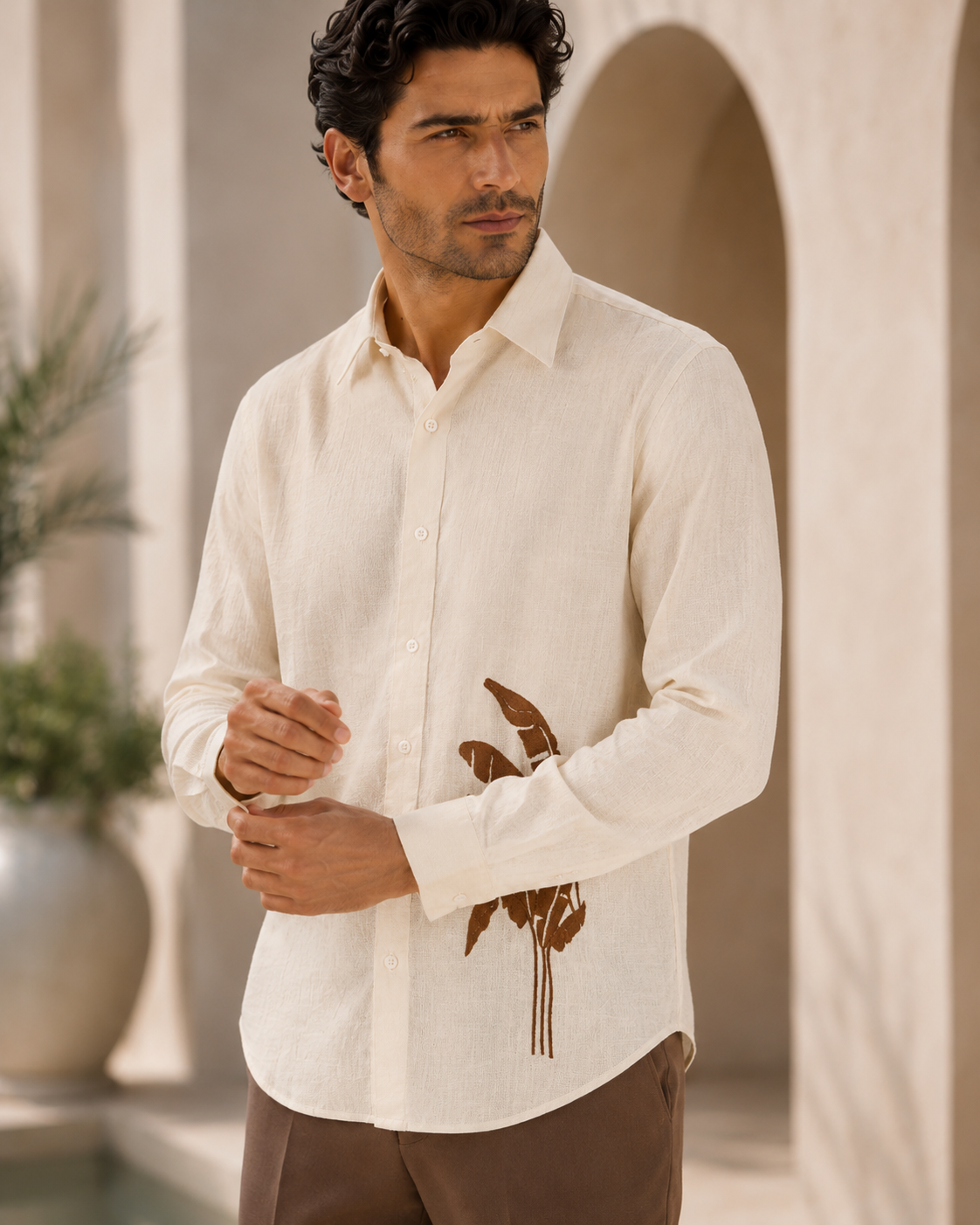 Men Cream Botanical Leaf Print Pure Linen Shirt