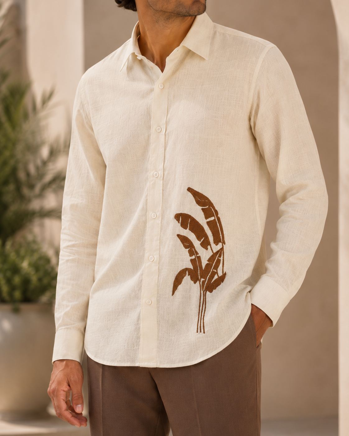 Men Cream Botanical Leaf Print Pure Linen Shirt