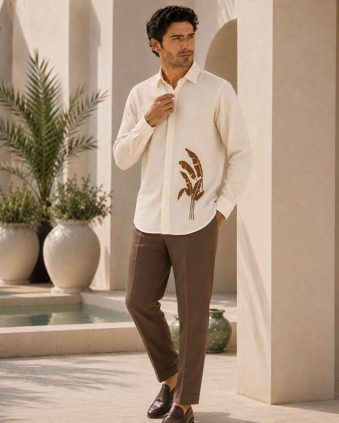 Men Cream Botanical Leaf Print Pure Linen Shirt