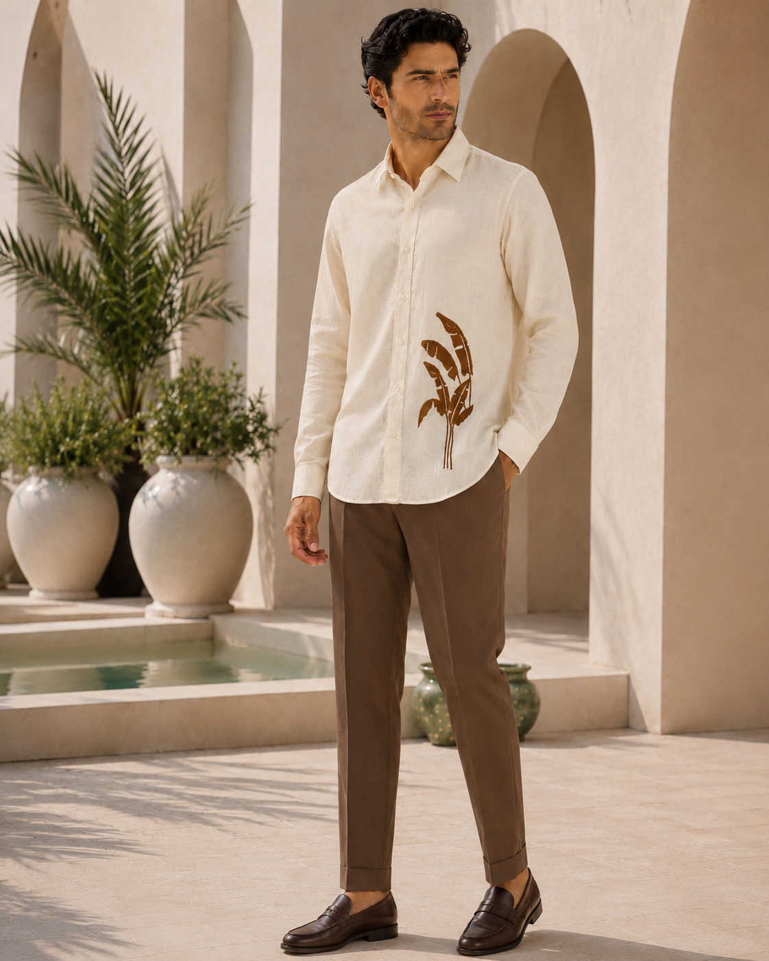 Men Cream Botanical Leaf Print Pure Linen Shirt