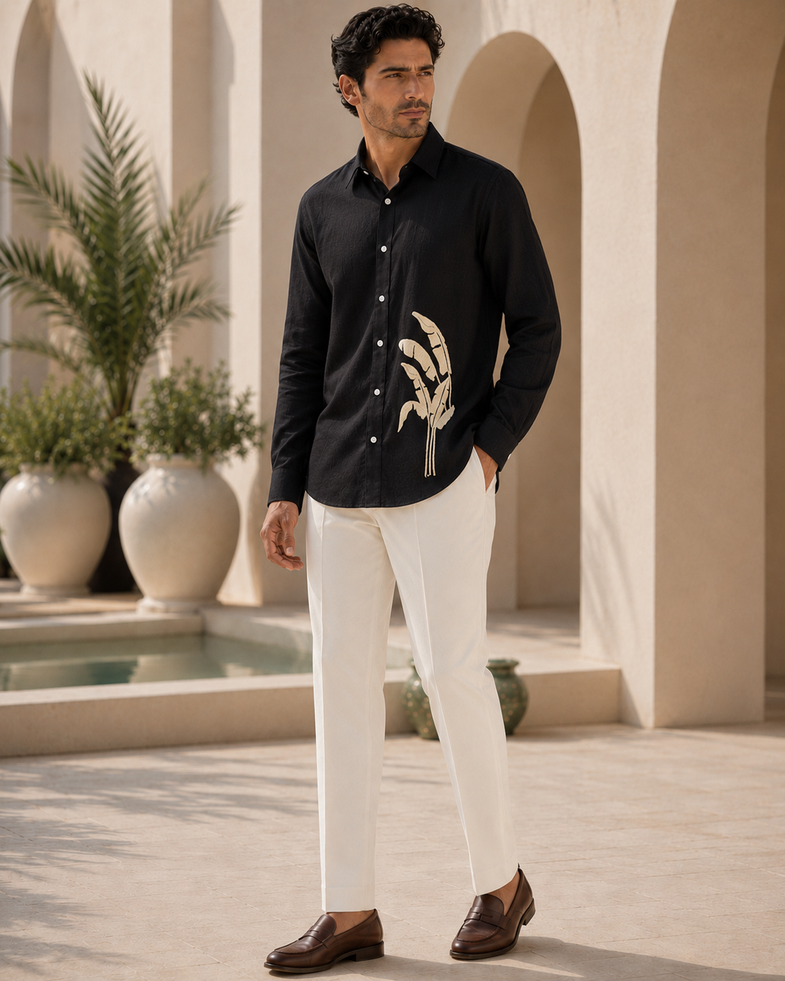 Men Black Botanical Leaf Print Pure Linen Shirt
