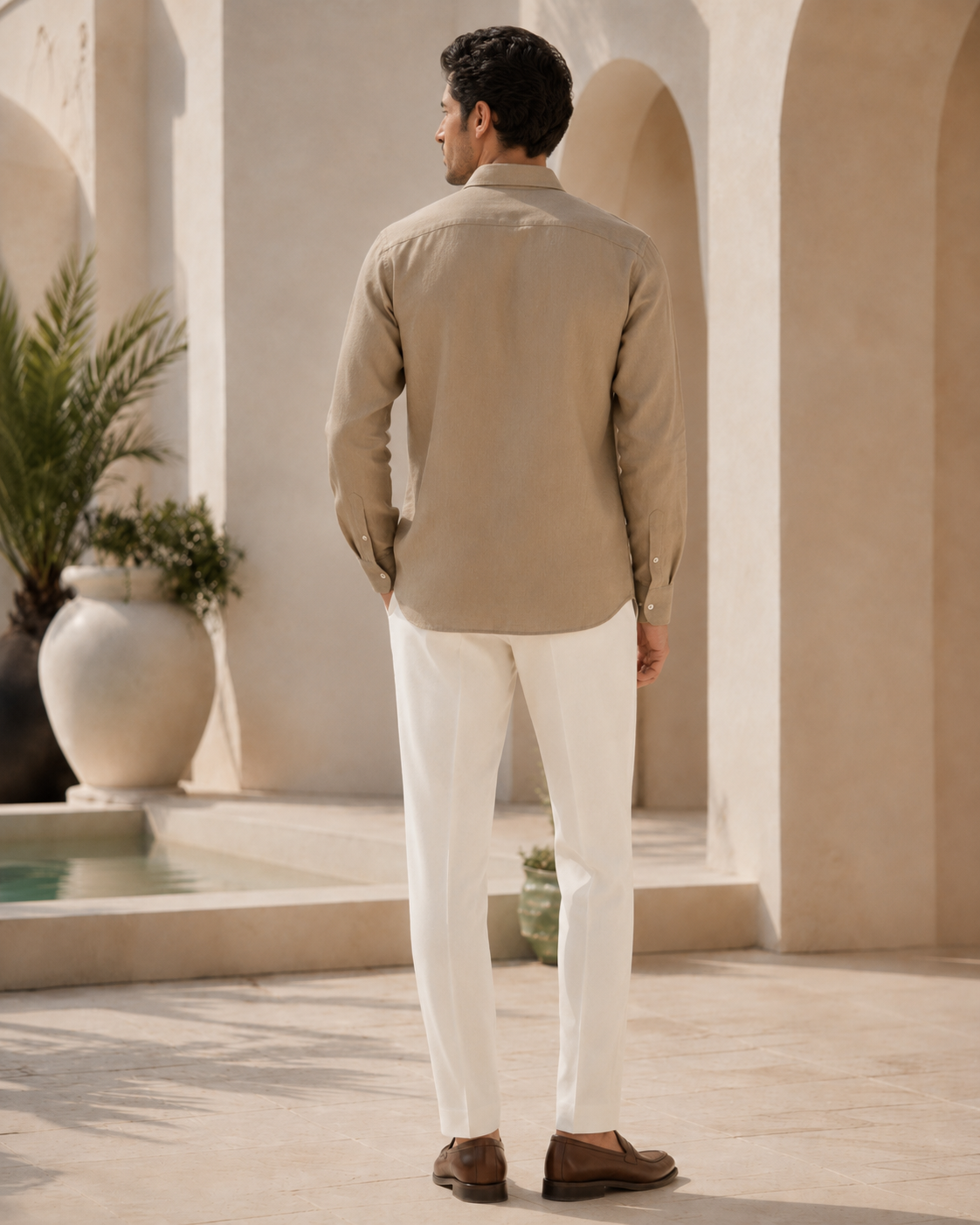 Men Pastel Beige Botanical Leaf Print Pure Linen Shirt