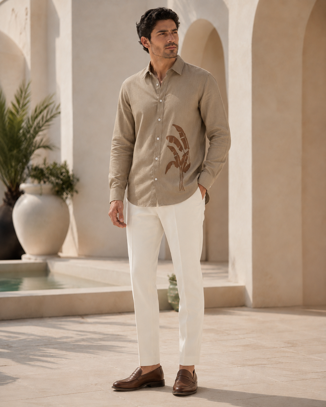 Men Pastel Beige Botanical Leaf Print Pure Linen Shirt