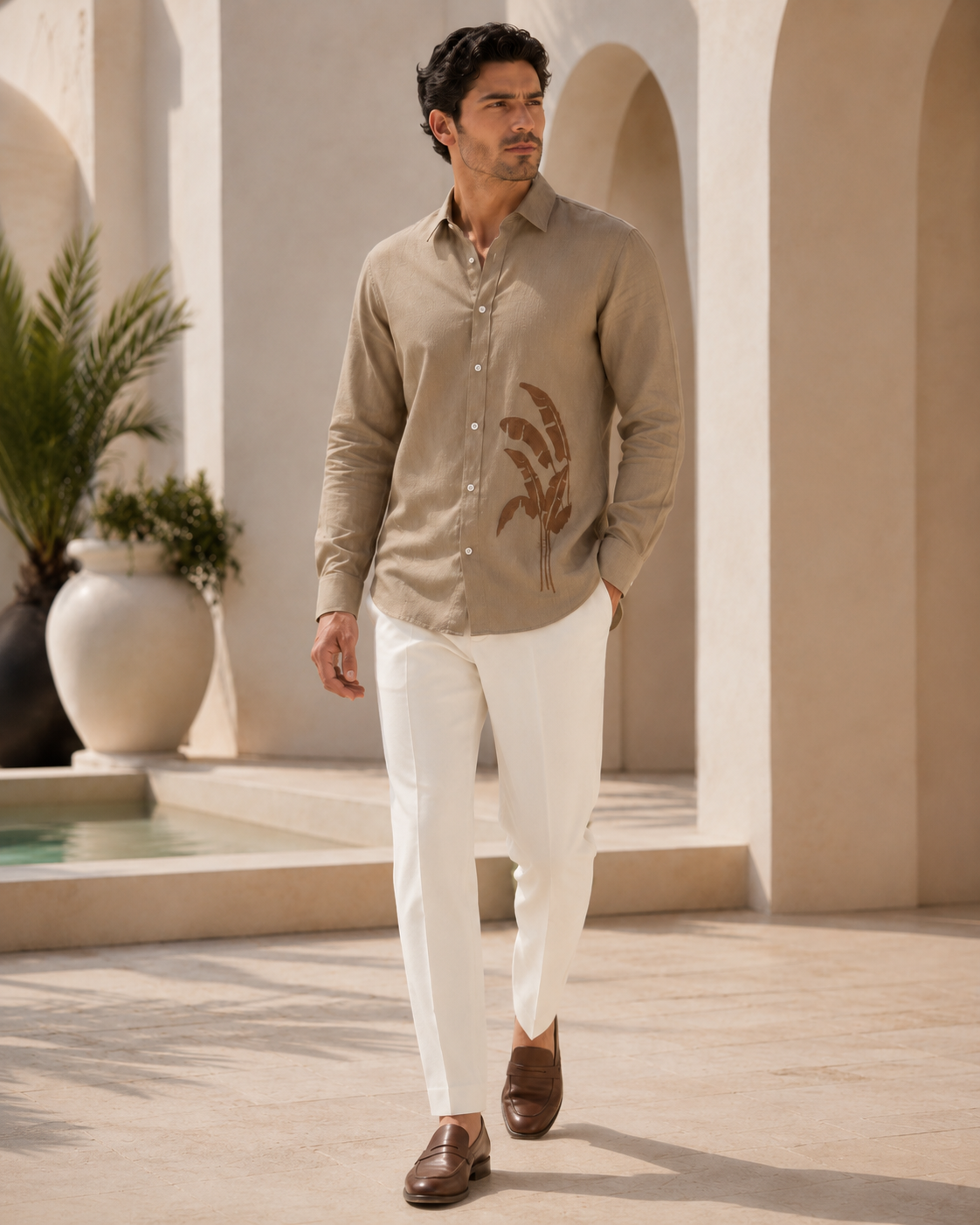 Men Pastel Beige Botanical Leaf Print Pure Linen Shirt