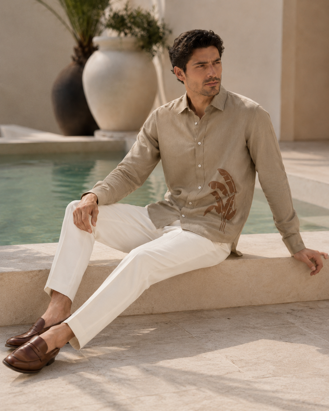Men Pastel Beige Botanical Leaf Print Pure Linen Shirt