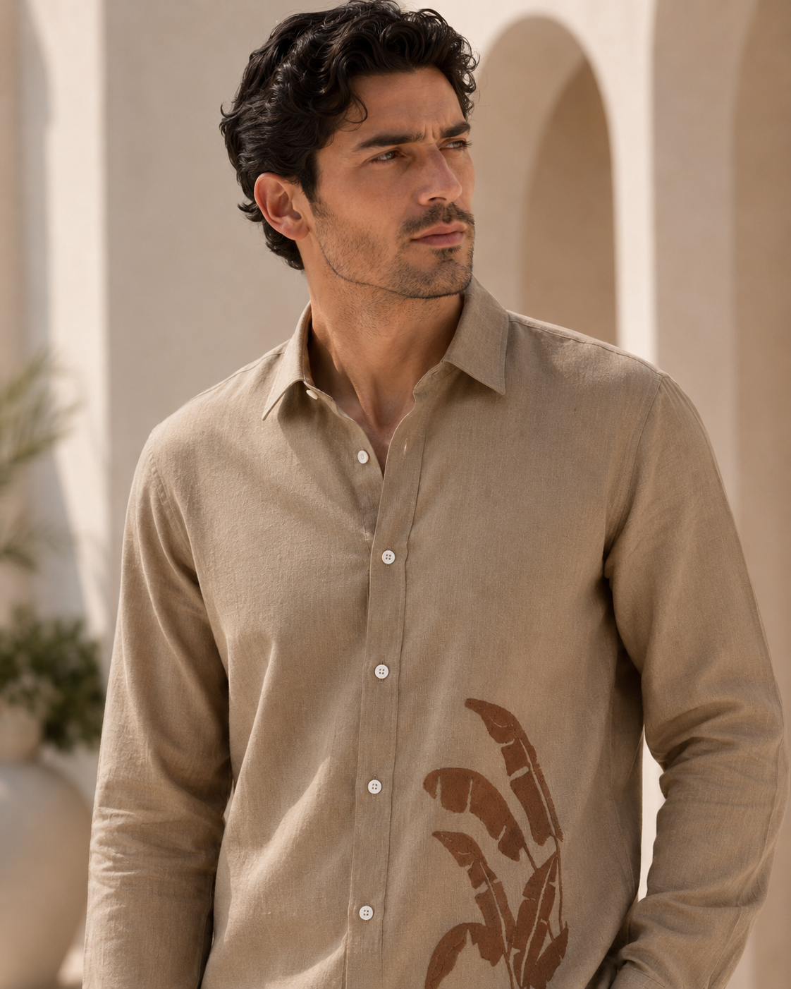 Men Pastel Beige Botanical Leaf Print Pure Linen Shirt