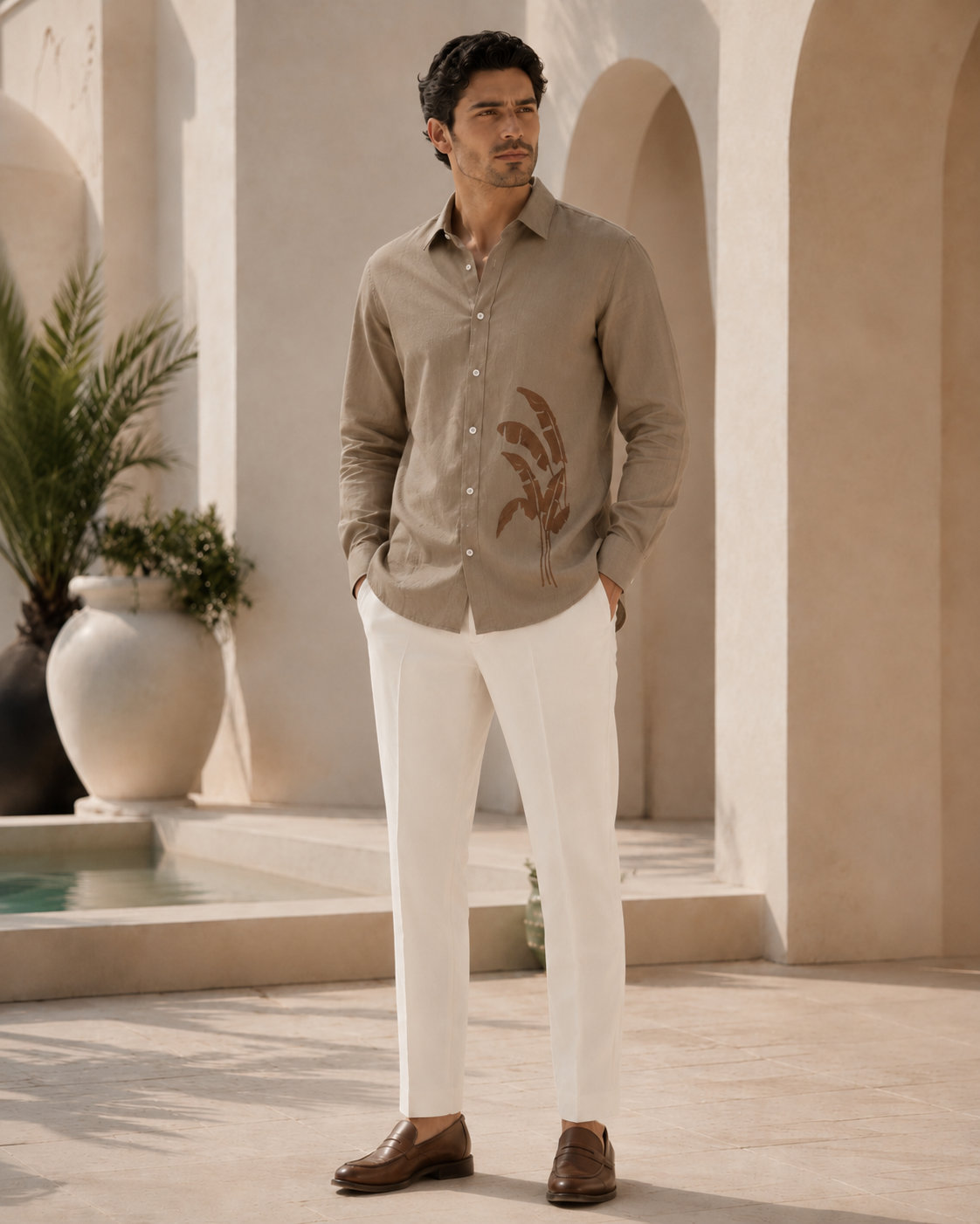 Men Pastel Beige Botanical Leaf Print Pure Linen Shirt