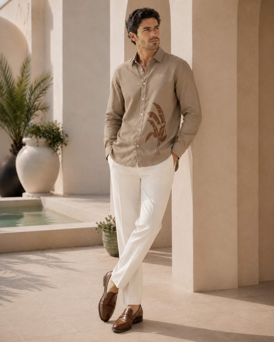 Men Pastel Beige Botanical Leaf Print Pure Linen Shirt