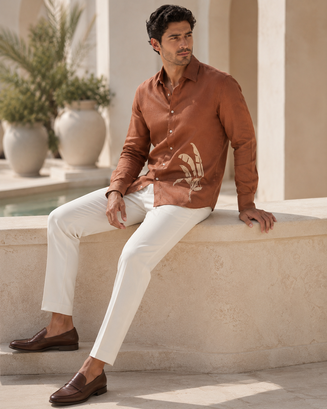 Men Rust Brown Botanical Leaf Print Pure Linen Shirt