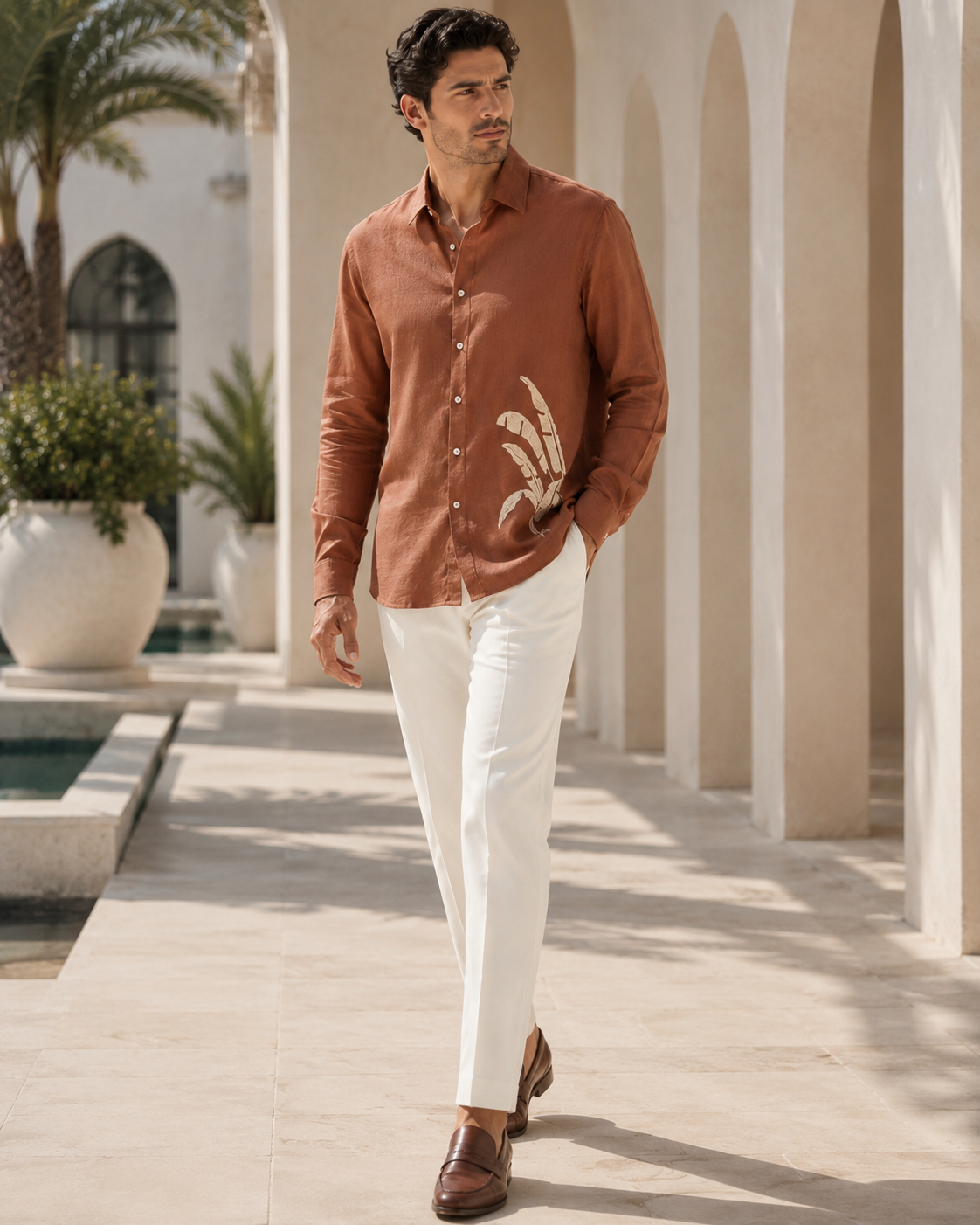 Men Rust Brown Botanical Leaf Print Pure Linen Shirt