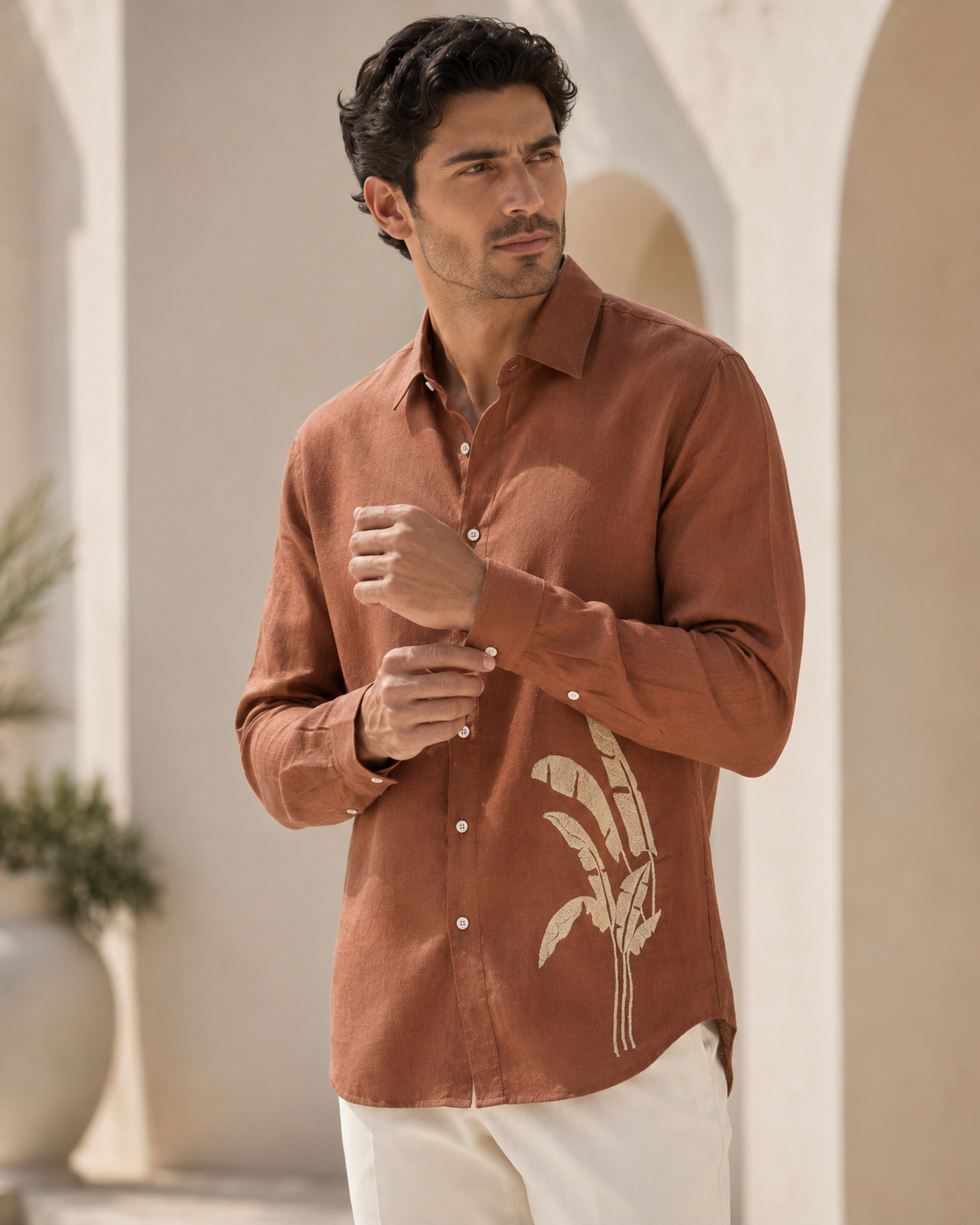 Men Rust Brown Botanical Leaf Print Pure Linen Shirt