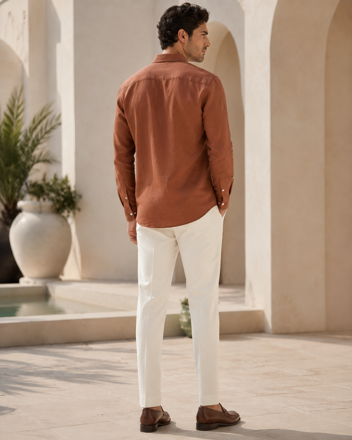 Men Rust Brown Botanical Leaf Print Pure Linen Shirt