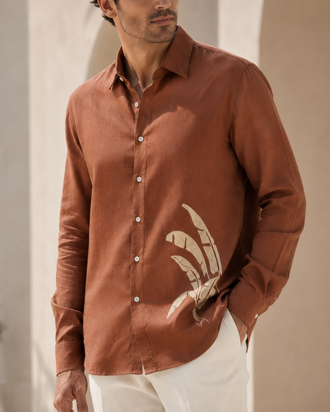 Men Rust Brown Botanical Leaf Print Pure Linen Shirt