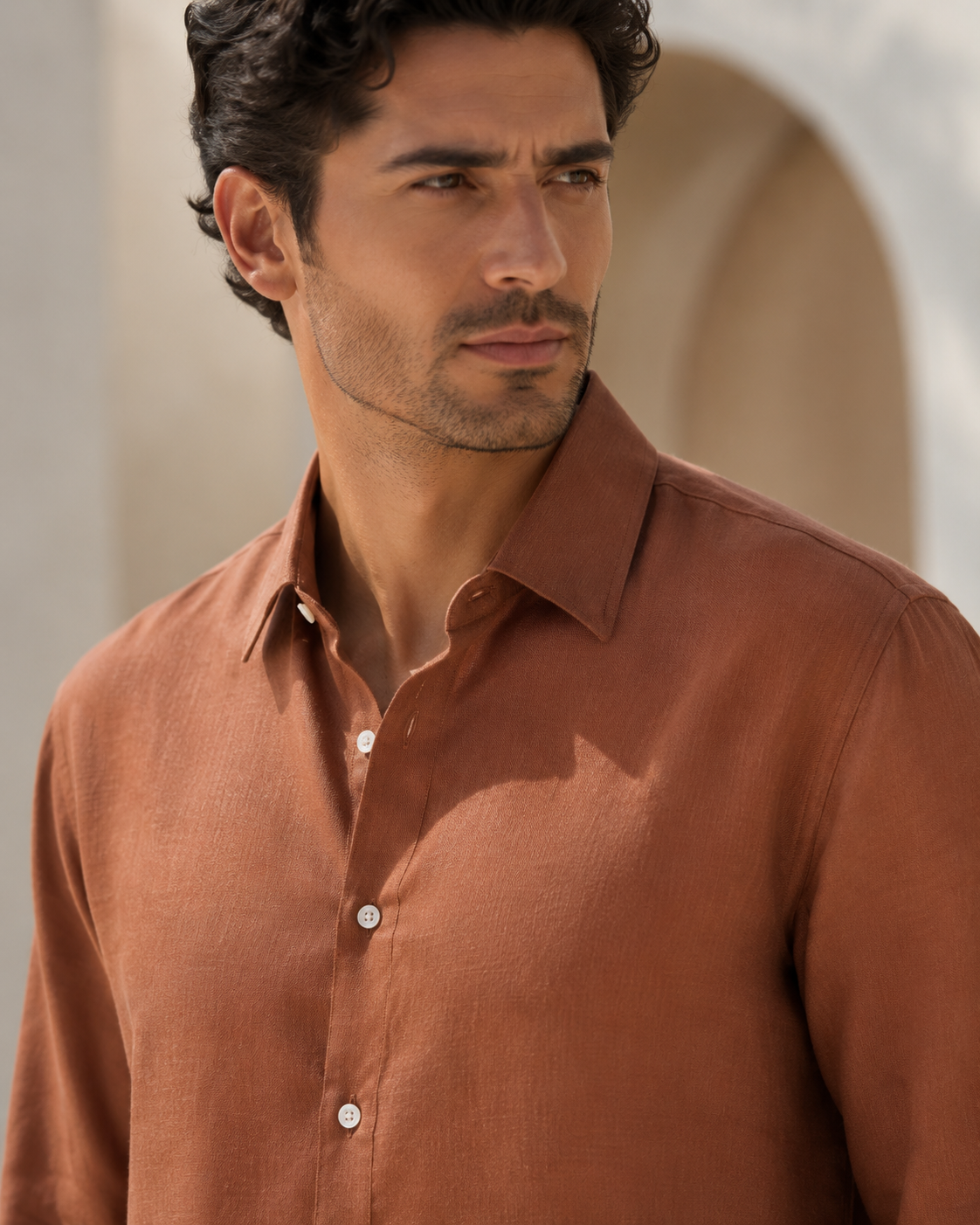Men Rust Brown Botanical Leaf Print Pure Linen Shirt