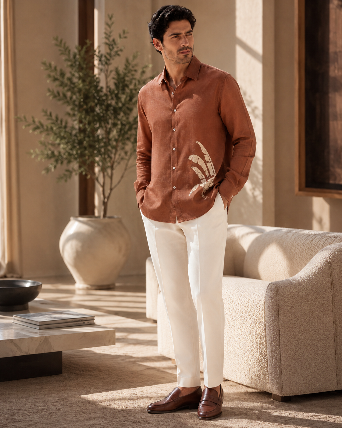 Men Rust Brown Botanical Leaf Print Pure Linen Shirt