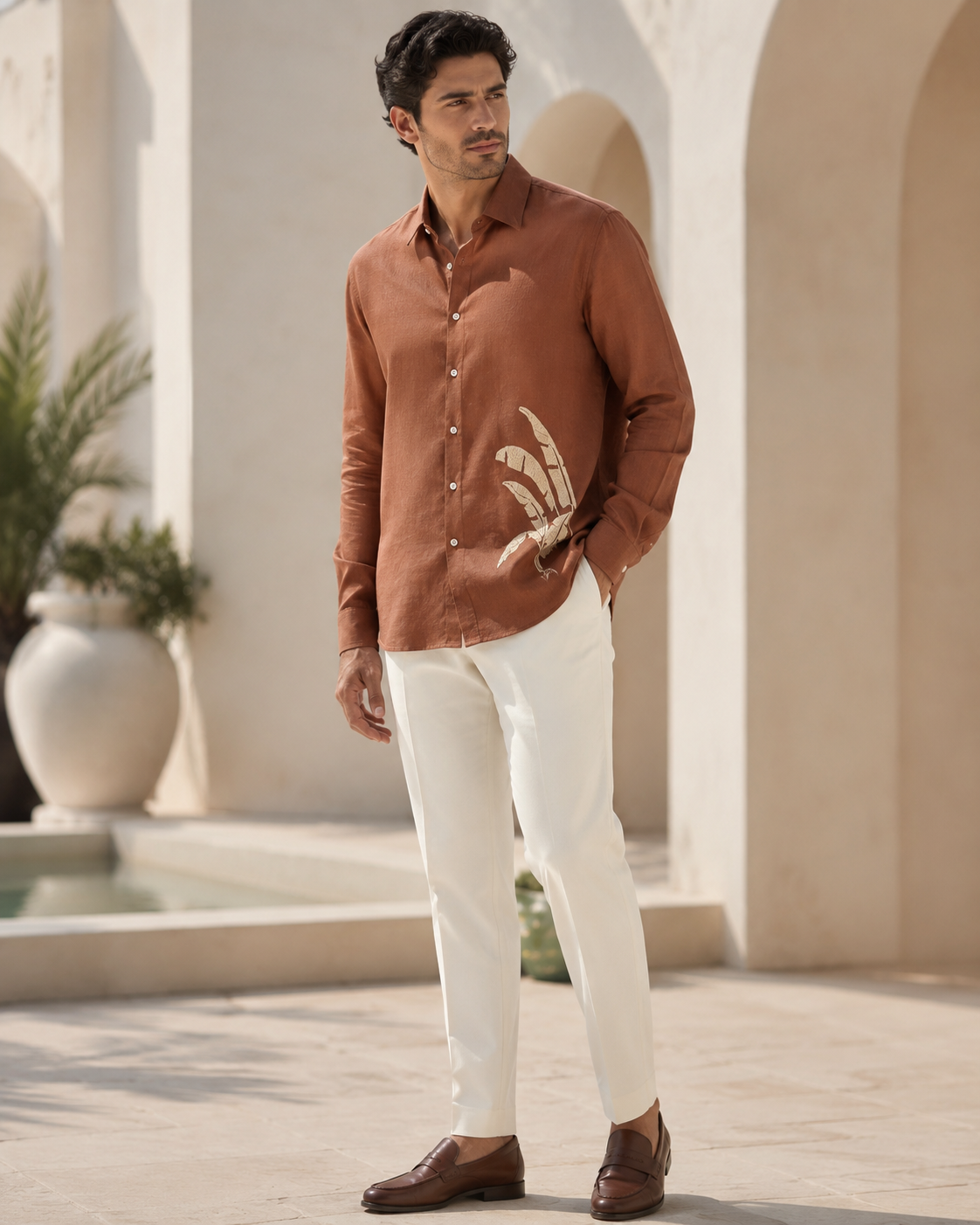 Men Rust Brown Botanical Leaf Print Pure Linen Shirt