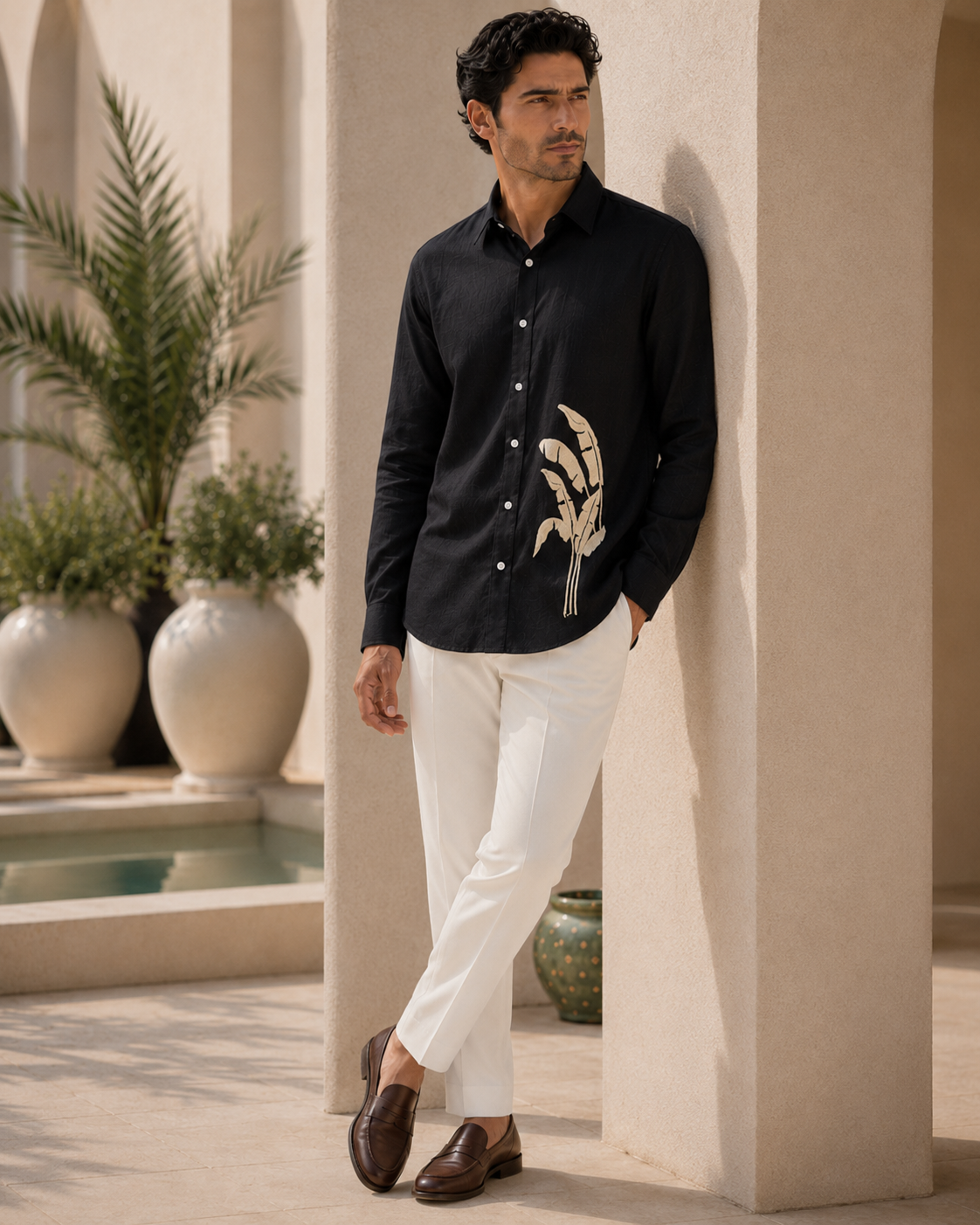 Men Black Botanical Leaf Print Pure Linen Shirt
