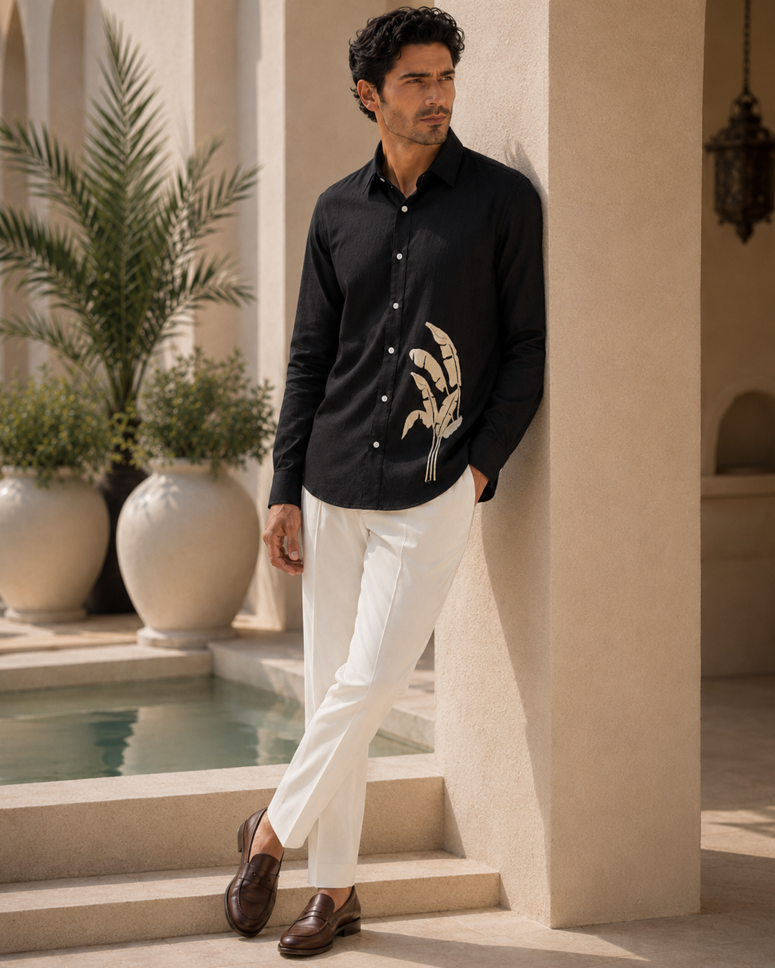 Men Black Botanical Leaf Print Pure Linen Shirt