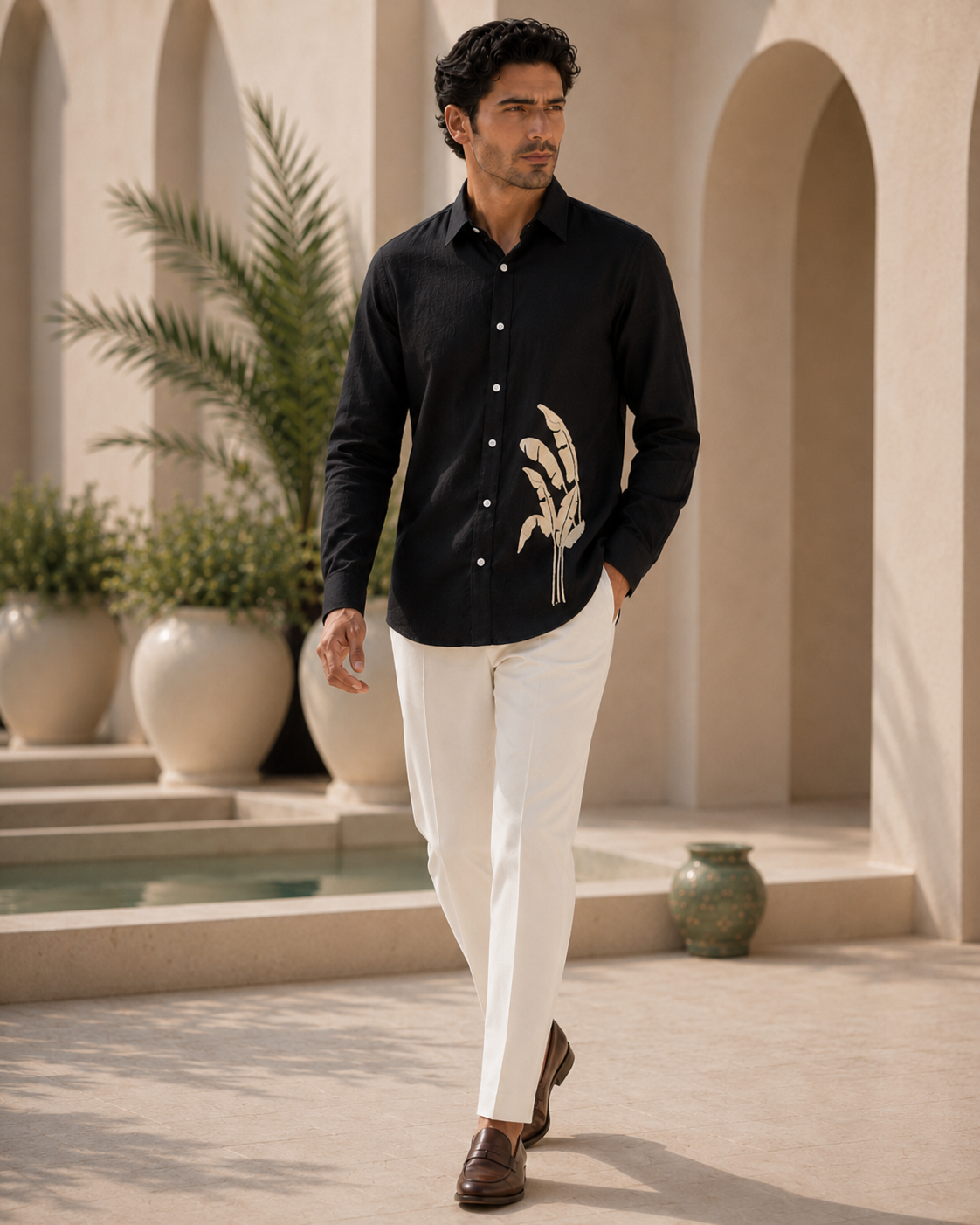 Men Black Botanical Leaf Print Pure Linen Shirt